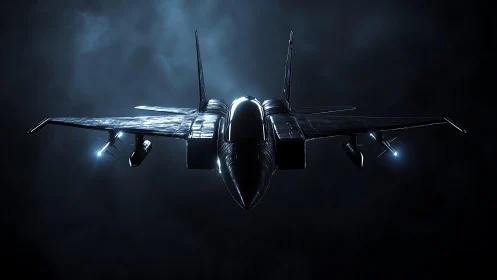 Stealth fighter jet frontal low-key render in moody atmosphere
