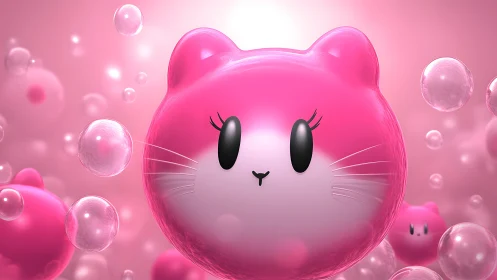Pink cat face balloon surrounded by floating spheres