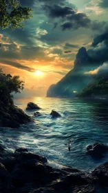 Sunset light over misty coastal cliffs and calm bay.