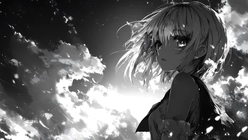 Melancholic anime girl gazes into a stormy, glowing sky