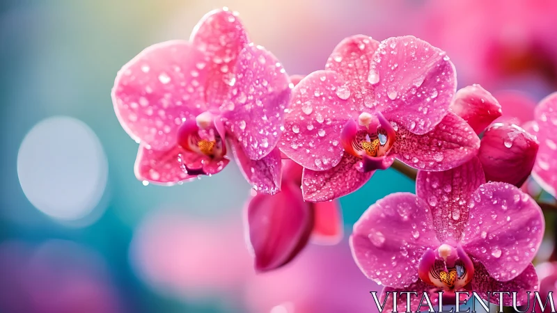 Jeweled Petals: Pink Orchids Adorned with Crystalline Dewdrops.