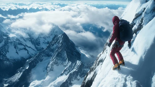 Climber on steep snow slope above distant mountain ridge.