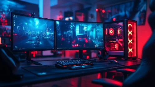 Neon-soaked triple monitor battlestation in cyber glow.