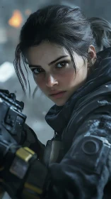 Battle-ready soldier gazes ahead in tense winter combat