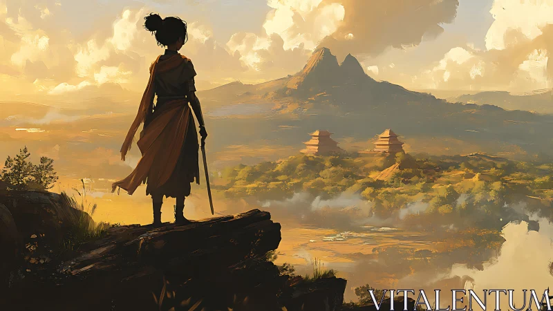 Sword-bearing wanderer overlooking sunlit pagoda valley