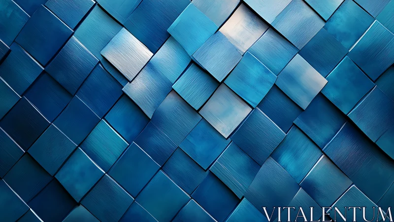 Layered blue tiles form a geometric woven surface pattern.