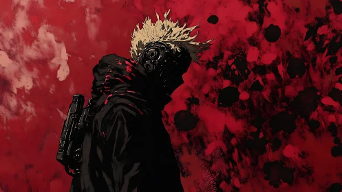 Cybernetic drifter stalks crimson battlefield horizon.