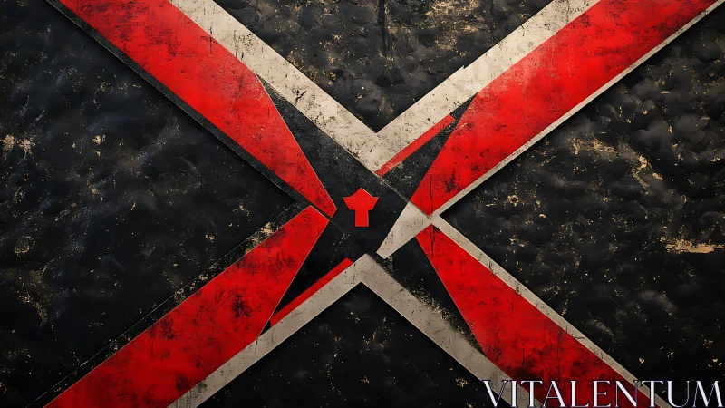 Grunge Abstract Red and Black Cross Design with Central Symbol.