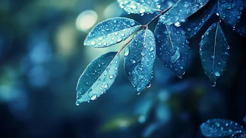 Raindrops glisten on blue-green leaves in tranquil focus.