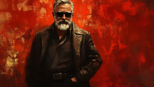 Brooding silver‑haired man stands against blazing red backdrop