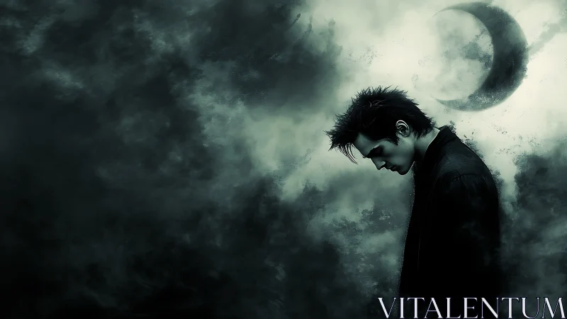 Solitary male figure stands in profile under obscured crescent moon