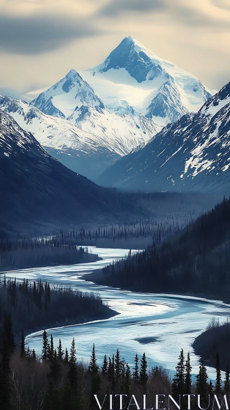 Snow covered mountain peak above frozen winding river valley.