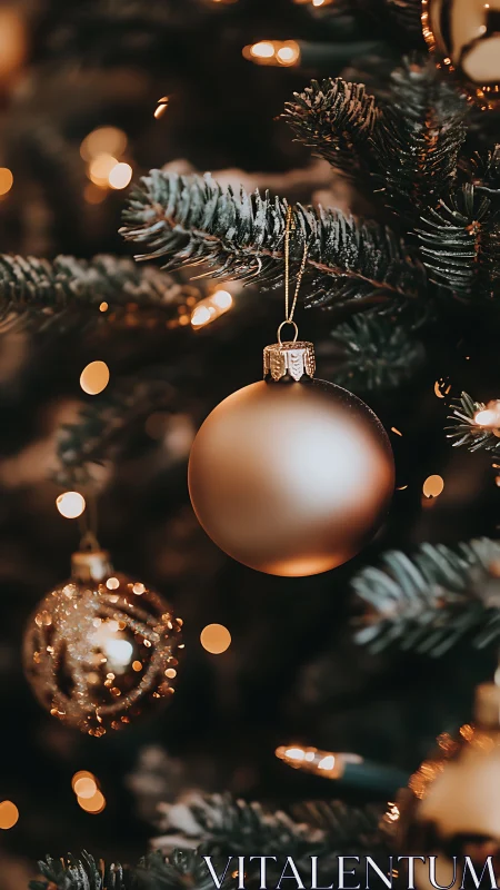 Gold Christmas ornaments on evergreen tree with warm lights.