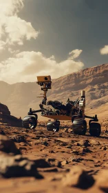 Curious Mars rover rolls through rust-red canyon silence.