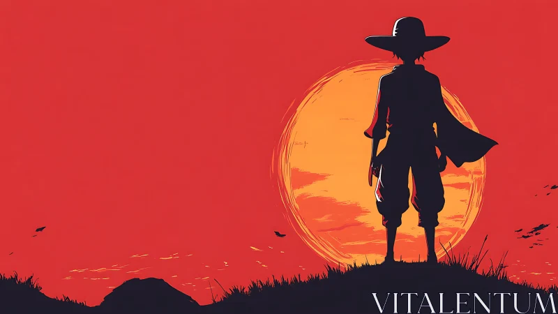 Silhouetted frontier wanderer against exaggerated vector sunset.