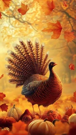 Plumed autumn turkey parades through glowing pumpkin hush.