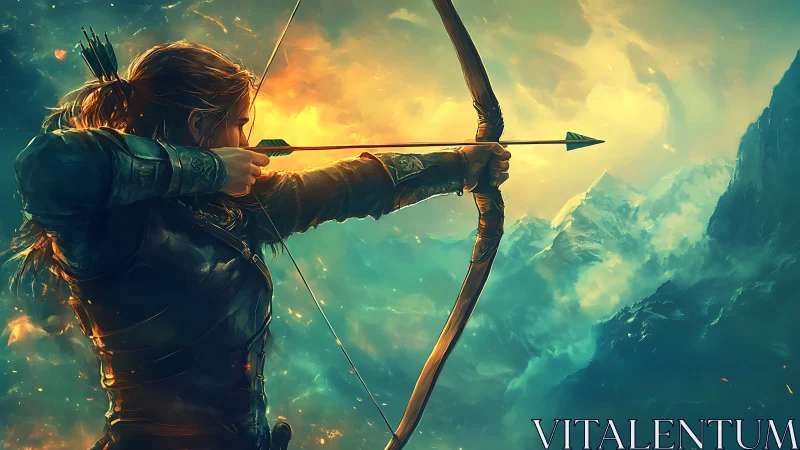 Archer draws bow against blazing mythic mountain sky