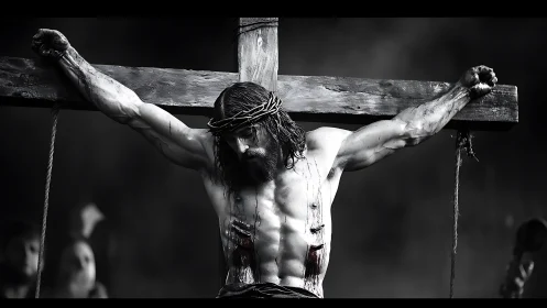 Monochrome crucifixion tableau renders sculptural anatomy in chiaroscuro