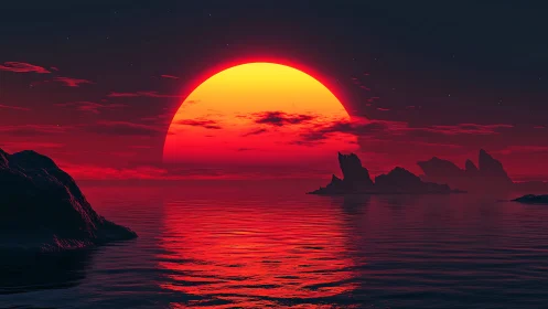 Spectral red ocean sunset with silhouetted lithic outcrops.