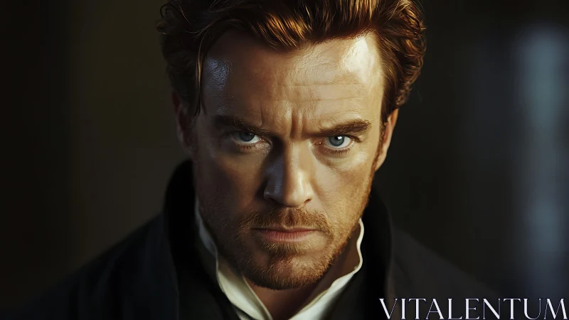 Intense blue-eyed man stares forward in dramatic portrait.