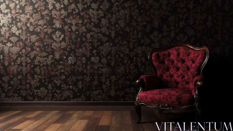 Baroque armchair against dark floral damask wall in low key lighting