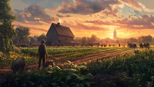 Sunlit rural farmstead rendered in detailed digital brushwork