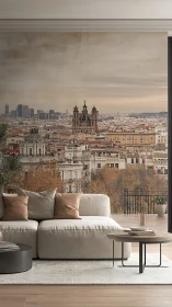Modern living room with cityscape wall mural and skyline view.