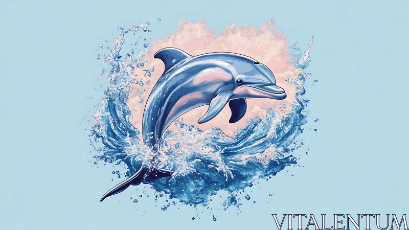 Dolphin emerging from stylized water splash on blue field.