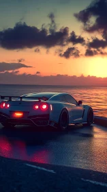Sports car cruises wet coastal road at vivid sunset.