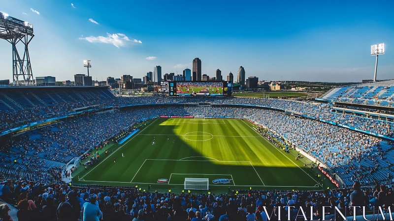 Wide-angle stadium panorama with balanced urban skyline framing.