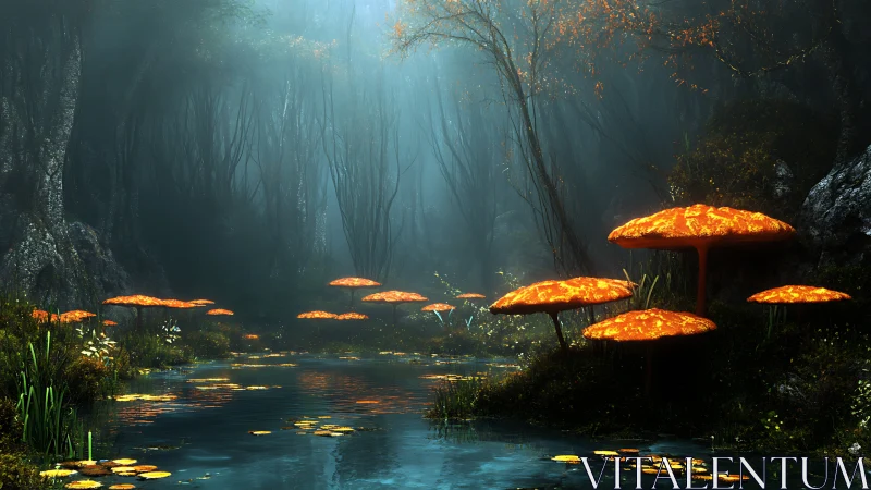 Luminous mushrooms ignite a misty enchanted forest lagoon.