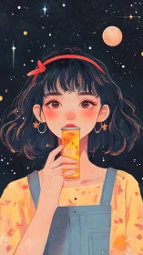 Girl holds orange drink against stylized starry night background