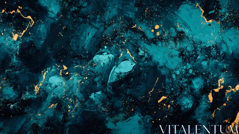 Abstract teal and gold marble texture, modern fluid art painting.