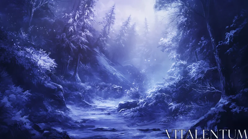 Snow covered forest valley illuminated by cold blue light