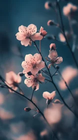 Soft Focus Cherry Blossoms Against Teal Gradient Background.