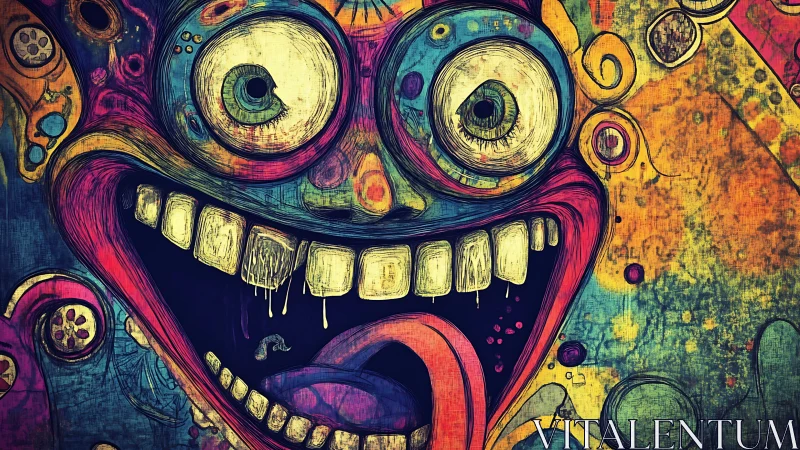 Wildly joyful monster face in bold neon street colors.