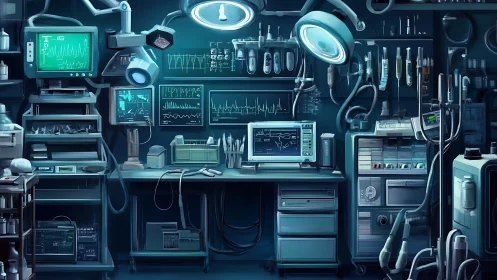 Cyberpunk surgical workstation with telemetry-rich interface design.