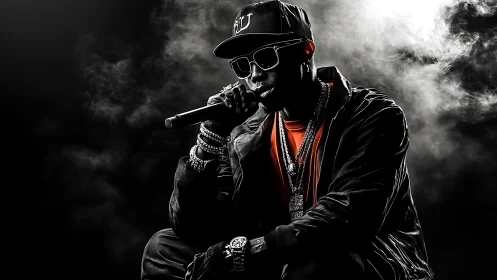 Hip hop vocalist commands smoky stage with bold contrast.