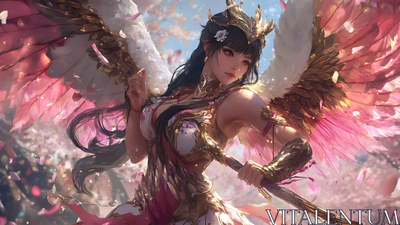 Winged warrior poised amid sakura petals in ornate armor