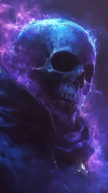 Blue skeletal figure surrounded by purple luminous vapor.