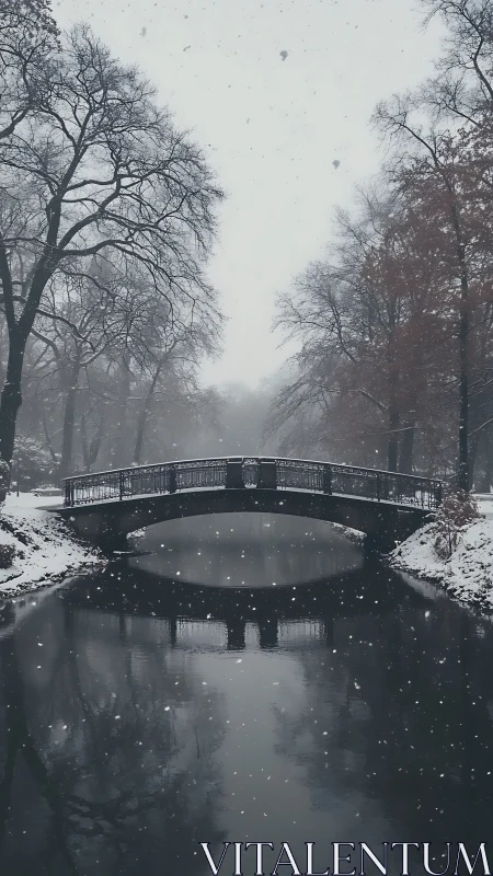 Photorealistic winter bridge over reflective canal in snowfall.