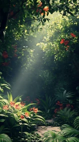 Verdant Cathedral: Where Crimson Blooms Breach the Luminous Canopy