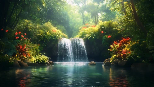 Tropical forest waterfall with pond and dense foliage.