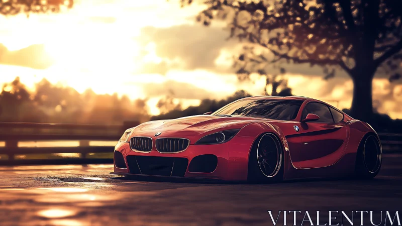 Low-slung red sports coupe under golden hour backlight.