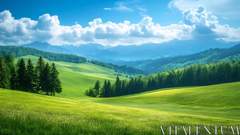 Sunlit alpine meadows with rolling hills and distant peaks.