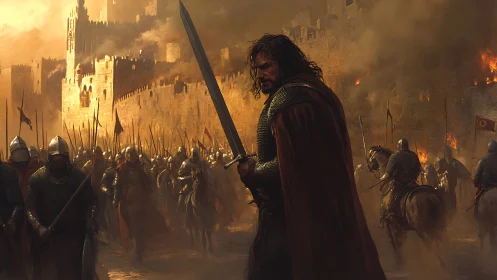 War scarred knight stalks through a burning siege of stone.