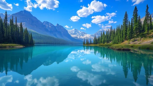 Turquoise mountain lake mirrors pines and bright summer sky.