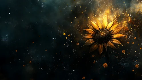 Golden sunflower against dark abstract cosmic background.