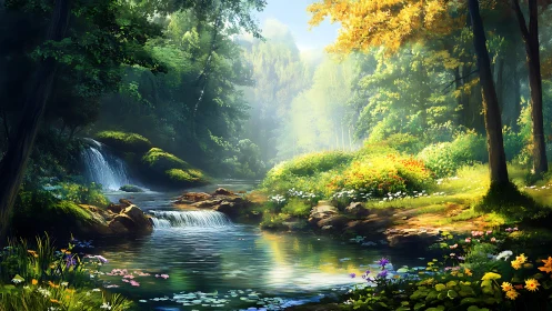 Enchanted Forest Stream with Cascading Waterfall.