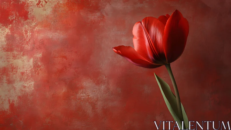 Red Tulip Against Textured Crimson Background